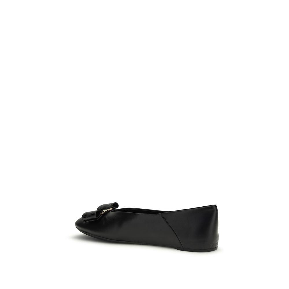 Ferragamo Black Calf Leather Bos Taurus Ballet Flats